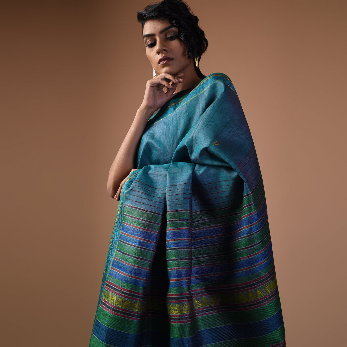 DONGRIA Handwoven Tussar Silk Saree - Blue