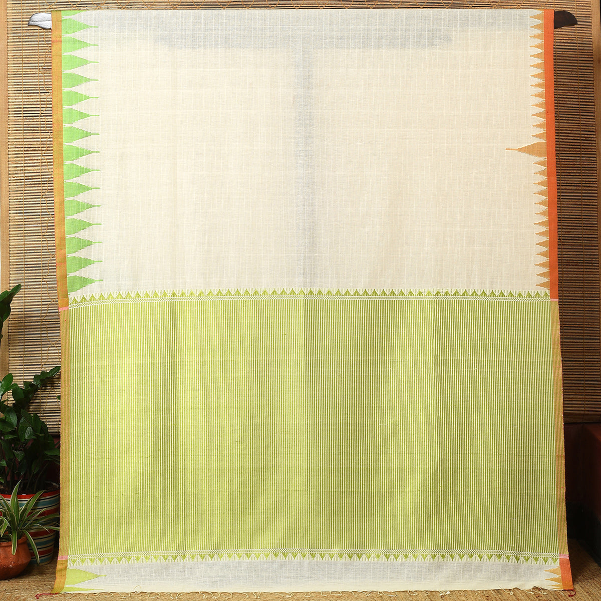 DESI KUMBHA Handwoven Tussar/Cotton Saree - Ivory Gold Green Border