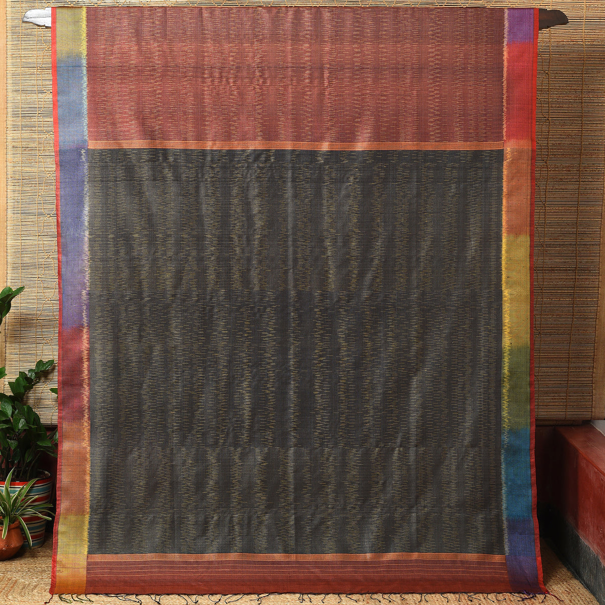 Ikat Tussar Satrang Handwoven Silk Saree - Dark Grey