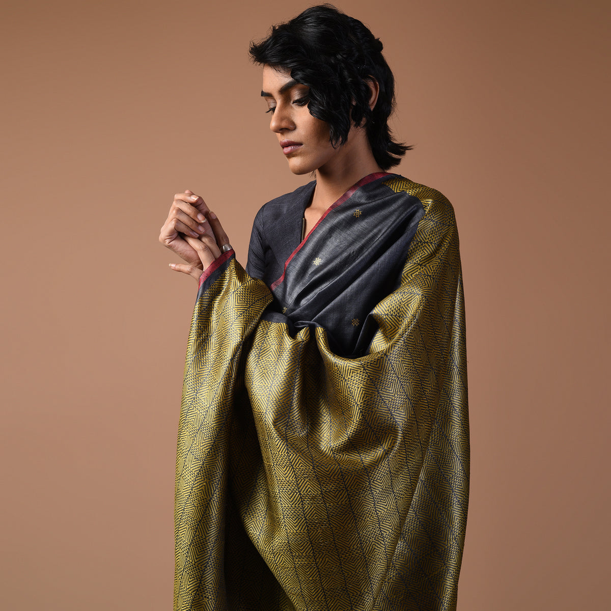 ZARI BUTI Handwoven Tussar Silk Saree - Black Gold