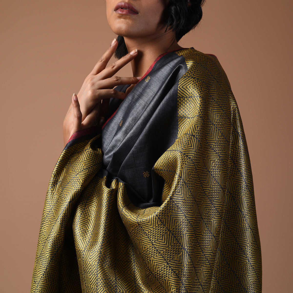ZARI BUTI Handwoven Tussar Silk Saree - Black Gold