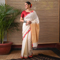 DESI KUMBHA Tussar/Cotton Handwoven Saree - Ivory & Multicolor Border