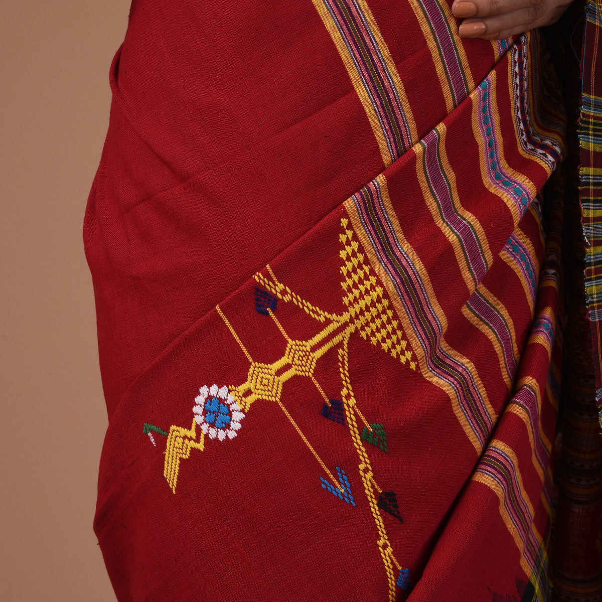 BOMKAI Cotton Handwoven Saree - Red