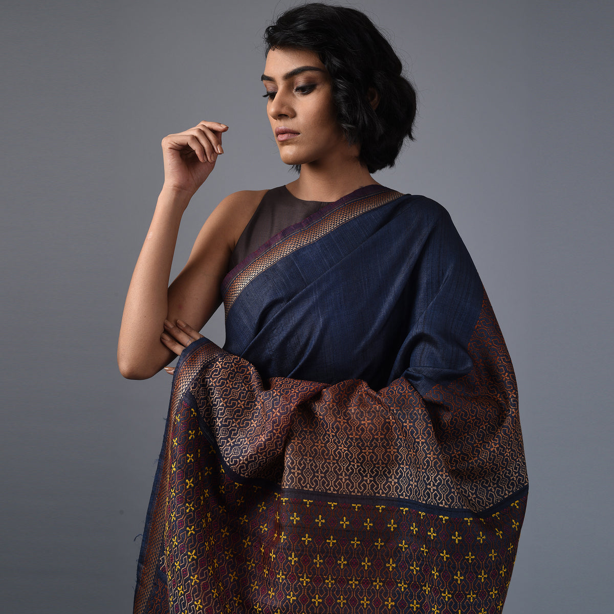 TRI RATNA Tussar Silk Sari - Steel Blue