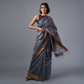 Ikat TUSSAR Satrang Silk Sari - Steel Blue