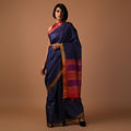 SAGAR Handwoven Tussar Silk Saree - Navy blue
