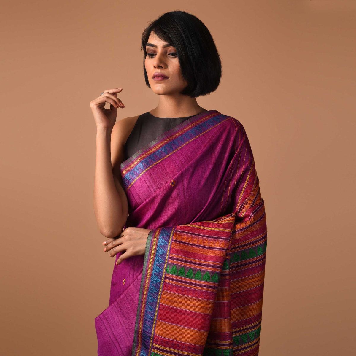 DONGRIA Handwoven Tussar Silk Saree - Mauve