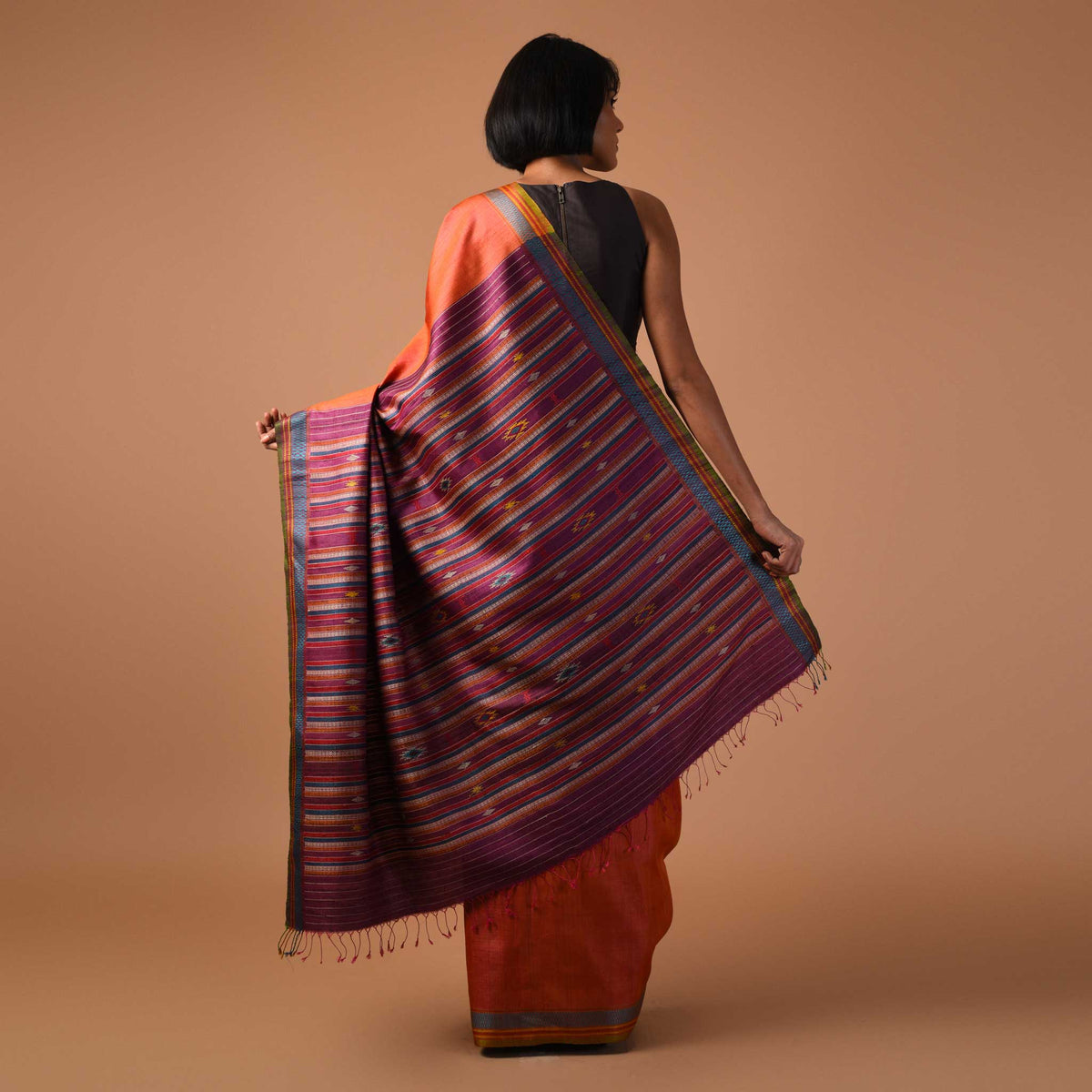 BOMKAI Handwoven Tussar Silk Saree - Orange
