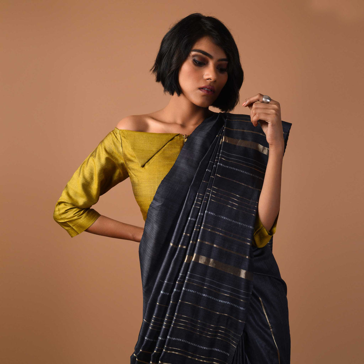 JHOOM Handwoven Tussar Silk Saree - Black