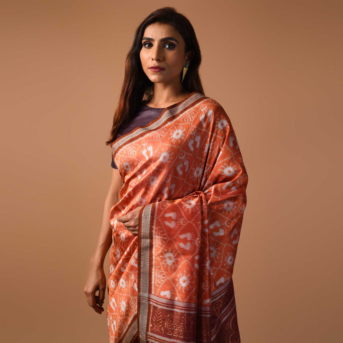 IKAT MASTERPIECE Lakshmi Handwoven Silk Saree -  Rust Orange