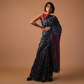 THIKRI Ikat Tussar Handwoven Silk Sari - Black and Red