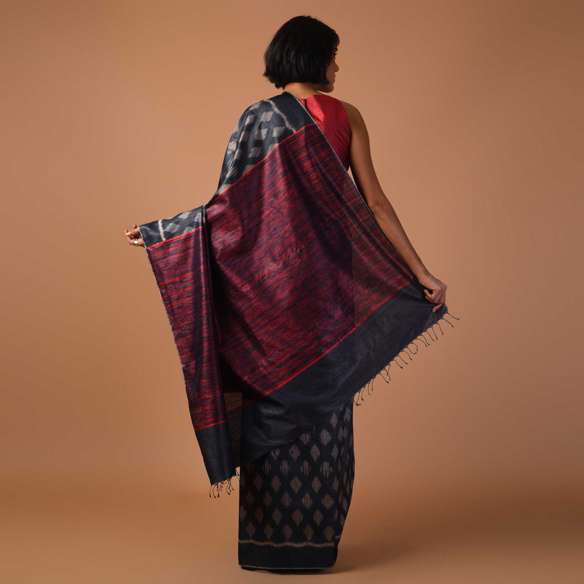 THIKRI Ikat Tussar Handwoven Silk Sari - Black and Red