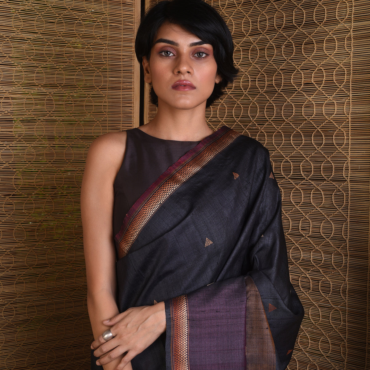 BHOR Handwoven Tussar Silk Saree - Black