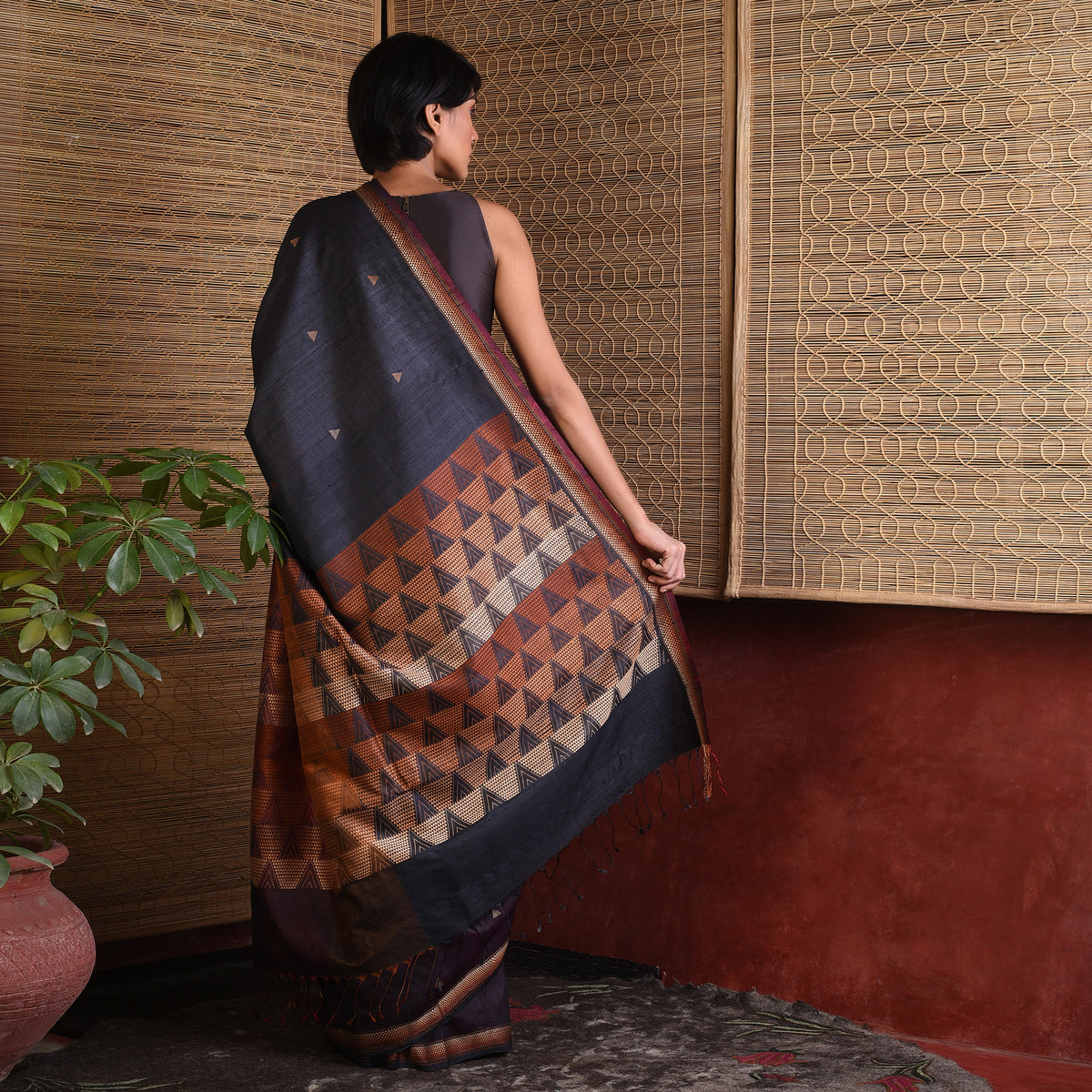 BHOR Handwoven Tussar Silk Saree - Black