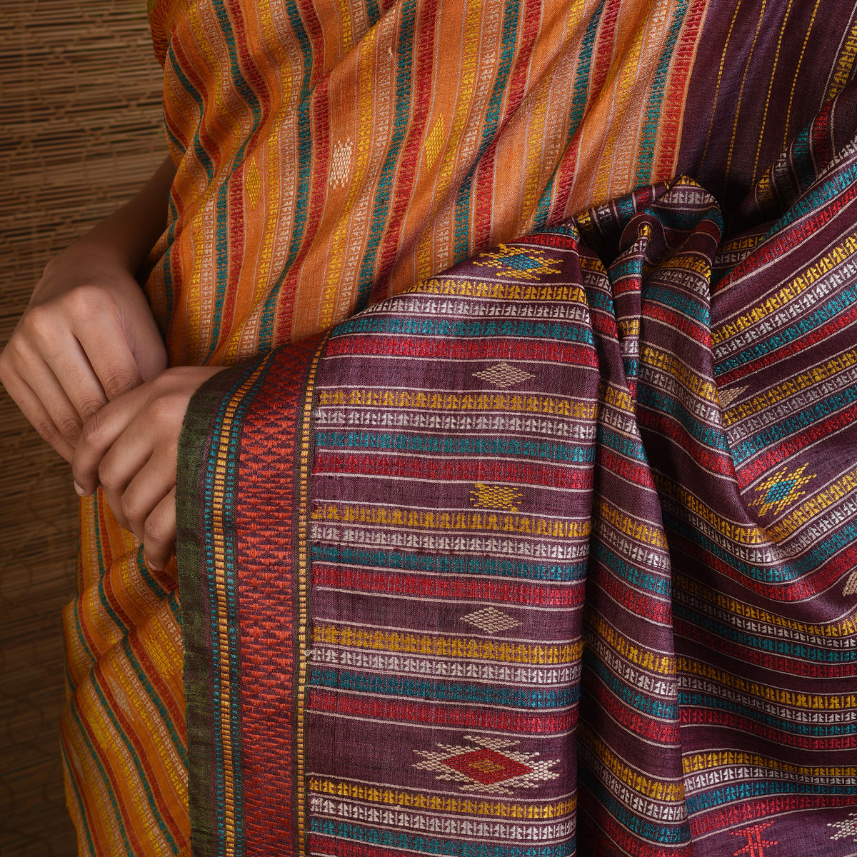 BOMKAI Long Pallu Handwoven Tussar Silk Saree - Amber Orange