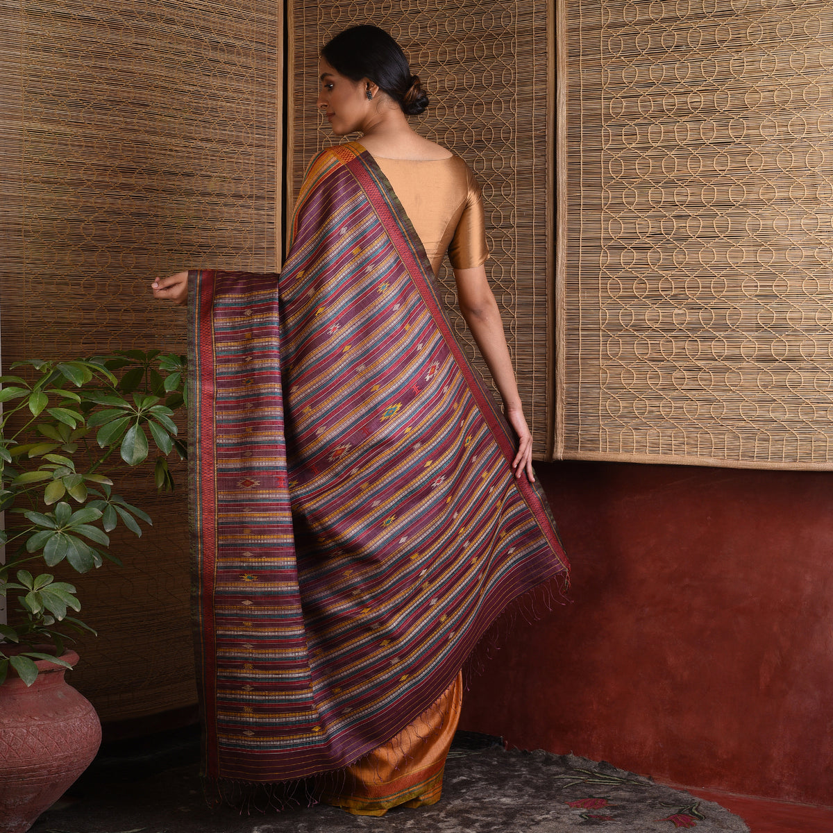 BOMKAI Long Pallu Handwoven Tussar Silk Saree - Amber Orange