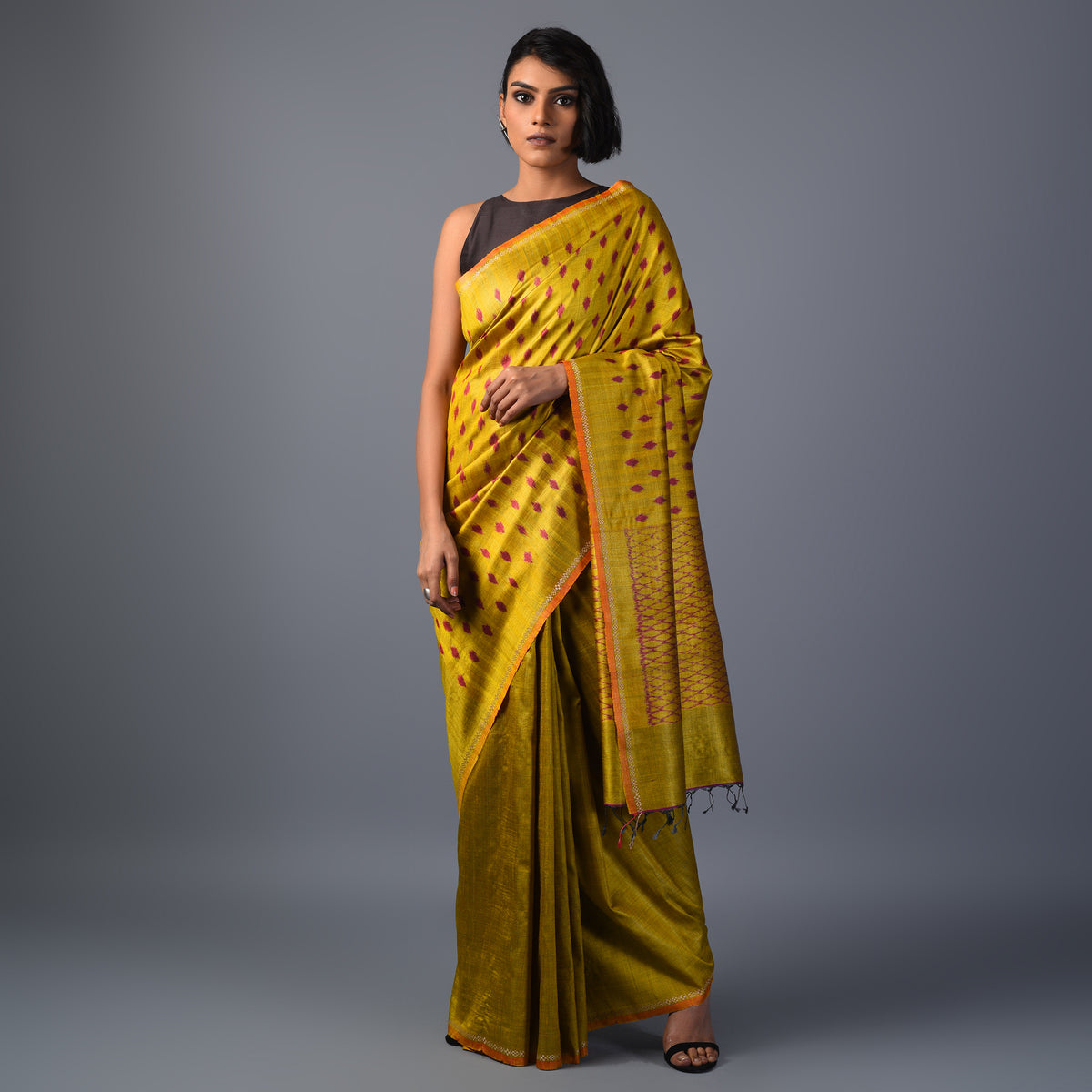 IKAT TUSSAR Thippa Long Pallu Handwoven Silk Saree - Lemon Green