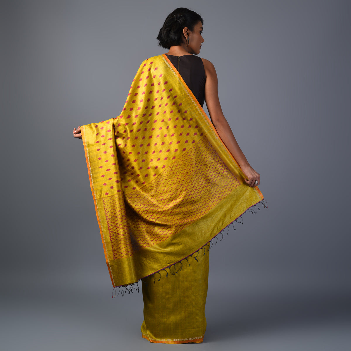 IKAT TUSSAR Thippa Long Pallu Handwoven Silk Saree - Lemon Green