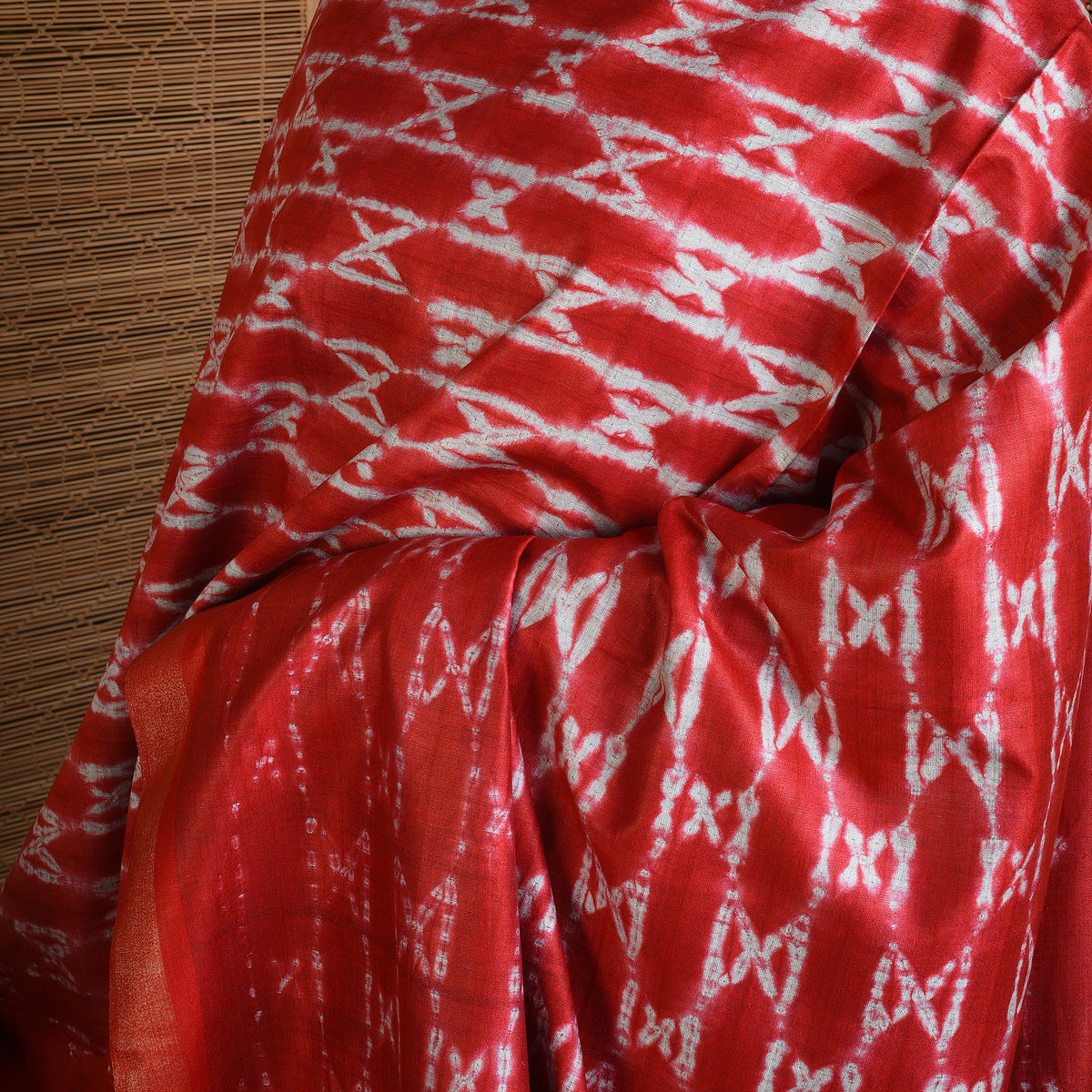 Woven Shibori Handwoven Tussar Silk Dupatta - Red & Burgandy